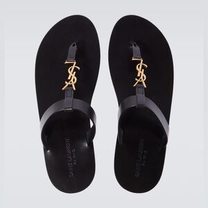 YSL Saint Laurent Cassandre leather thong sandals Black with Gold Logo Sz 43